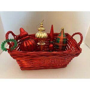 Red Wicker Basket 4 Large Christmas Ornaments 12x7x5 1/2”